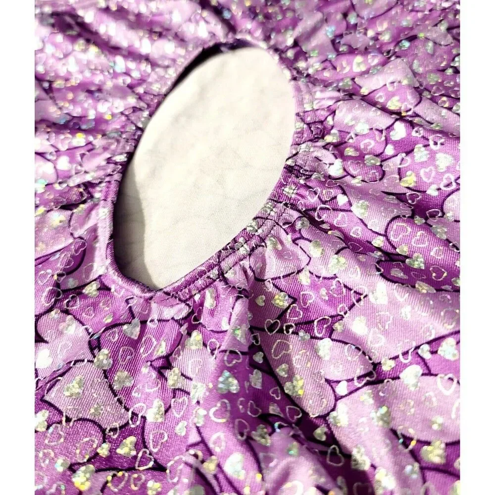 GK Elite Gymnastics Dance Racerback Keyhole Leotard Foil Hearts Purple Adult L